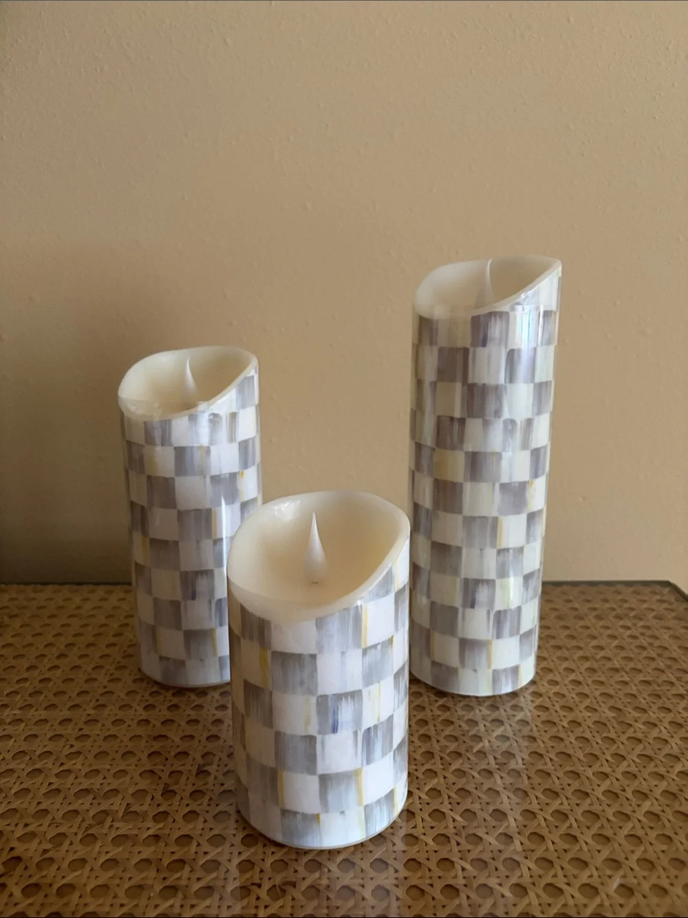 MacKenzie-Childs Sterling Check Flameless Candle Trio - Gray and Cream Mosaic